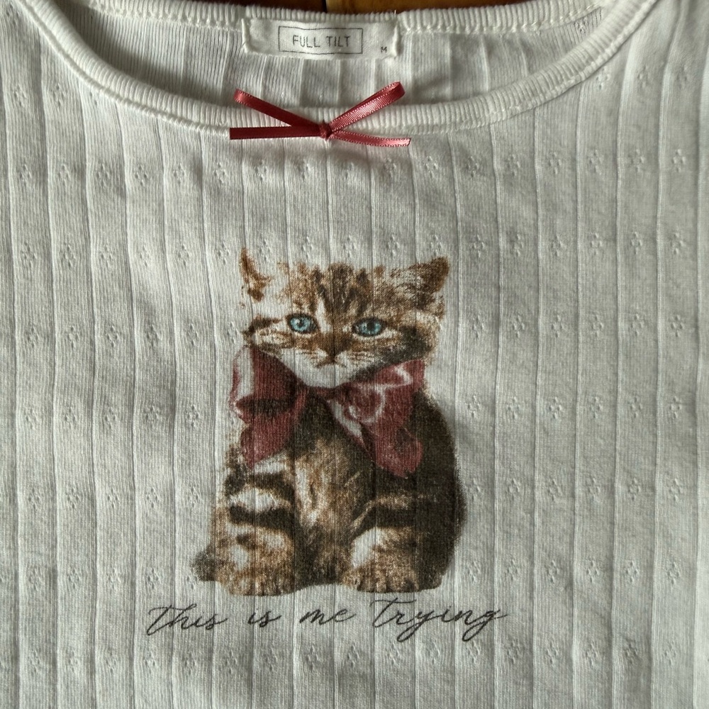 Full Tilt White Cat Print Pet Shirt with Pink Bow